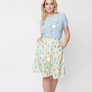 Unique Vintage Light Blue Top and Yellow Floral Circle Skirt